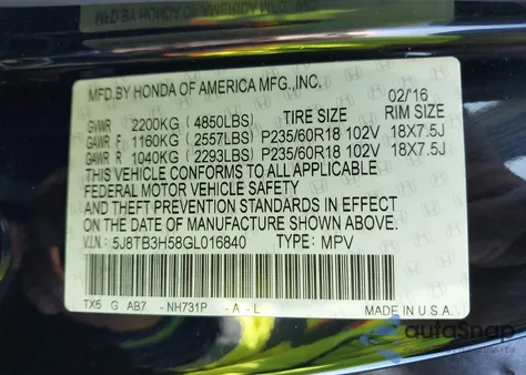 2016 Acura Rdx Technology Acurawatch Plus Packages/Technology Package from USA, damaged, VIN 5J8TB3H58GL016840